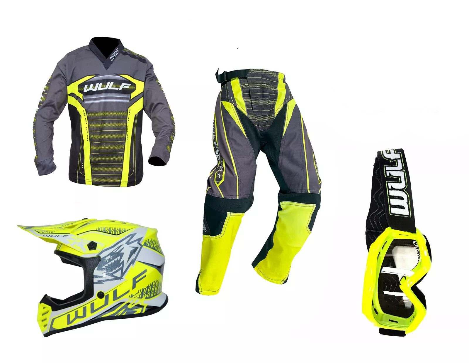 Wulfsport Kids MX 2024 CORSAIR Shirt Pant Helmet Goggle Combo Set - Yellow