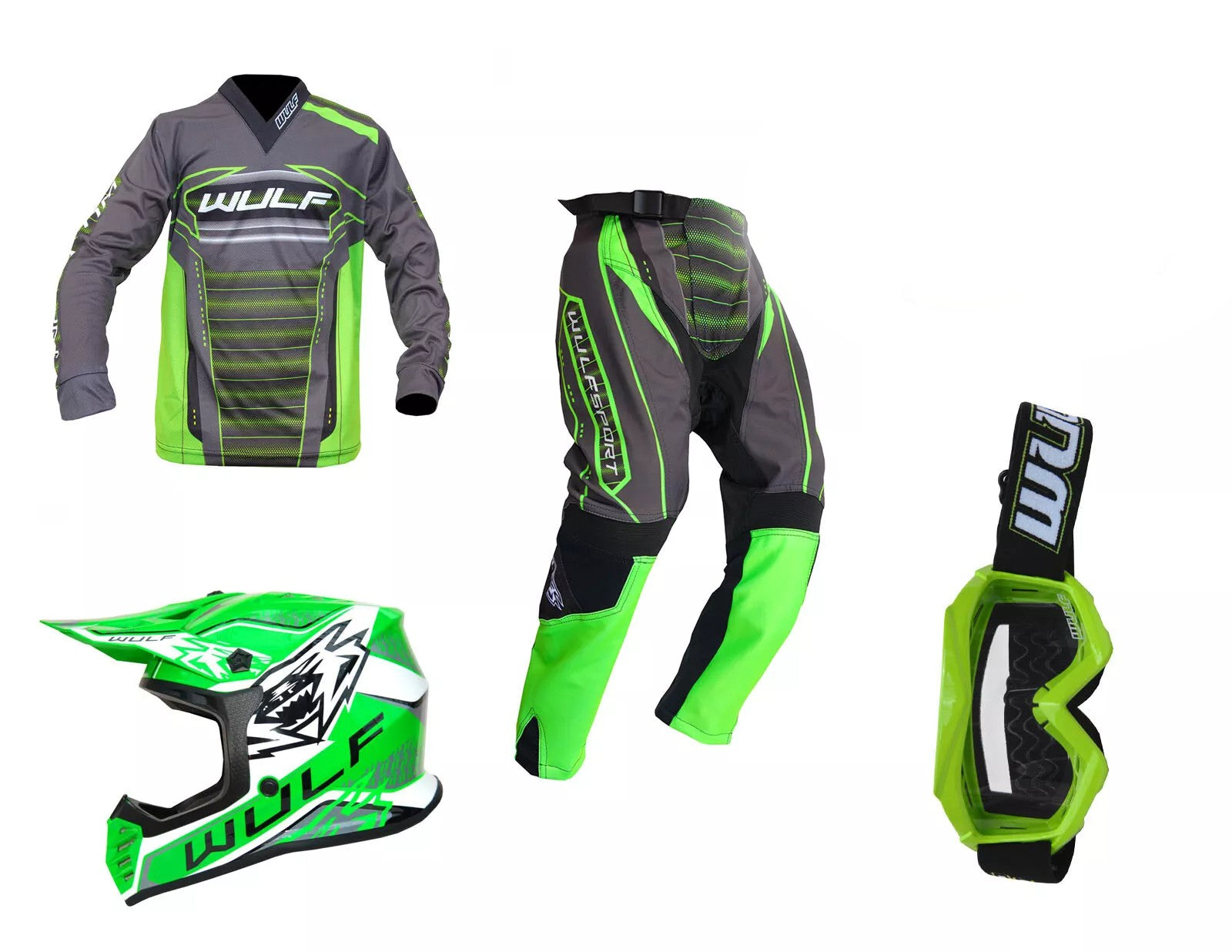 Wulfsport Kids MX 2024 CORSAIR Shirt Pant Helmet Goggle Combo Set - Green