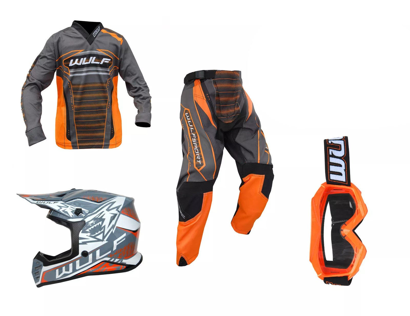 Wulfsport Kids MX 2024 CORSAIR Shirt Pant Helmet Goggle Combo Set - Orange